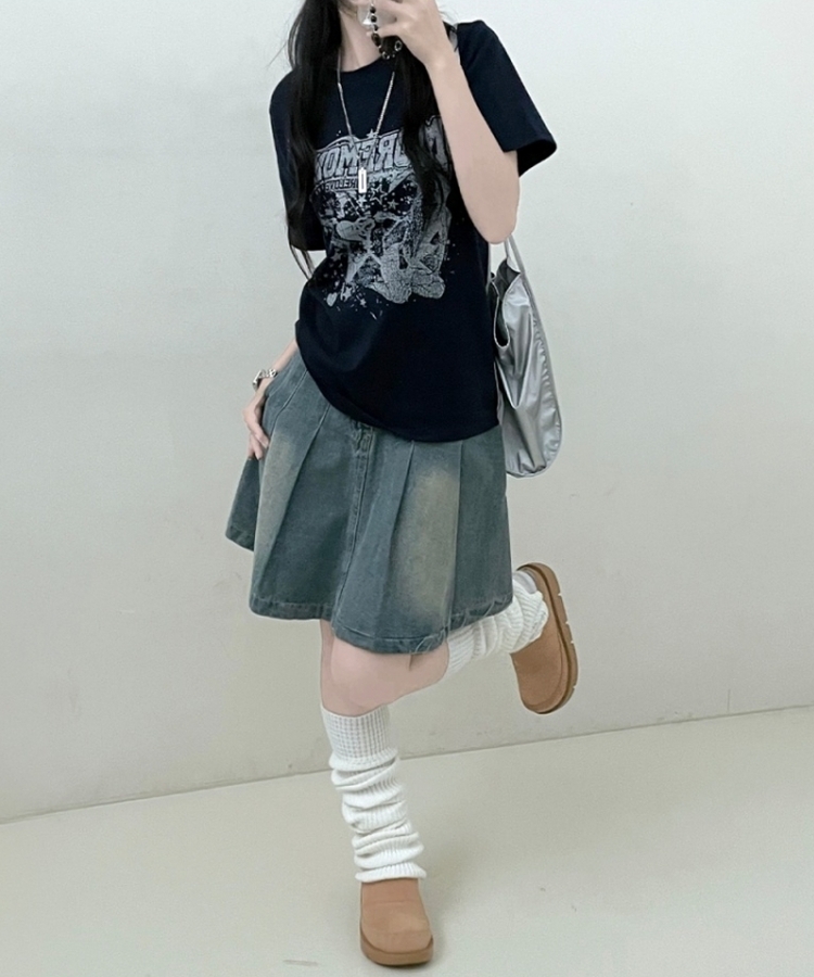 ビンテージセミクロップ半袖Tシャツ NAVY