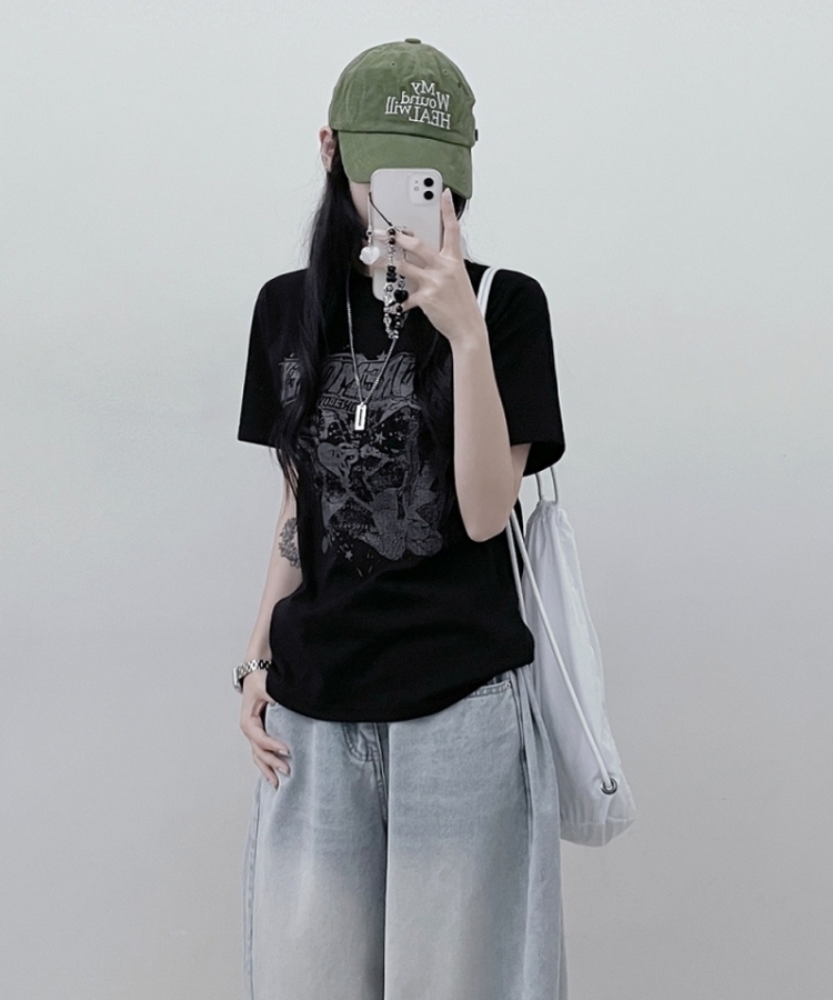 ビンテージセミクロップ半袖Tシャツ BLACK