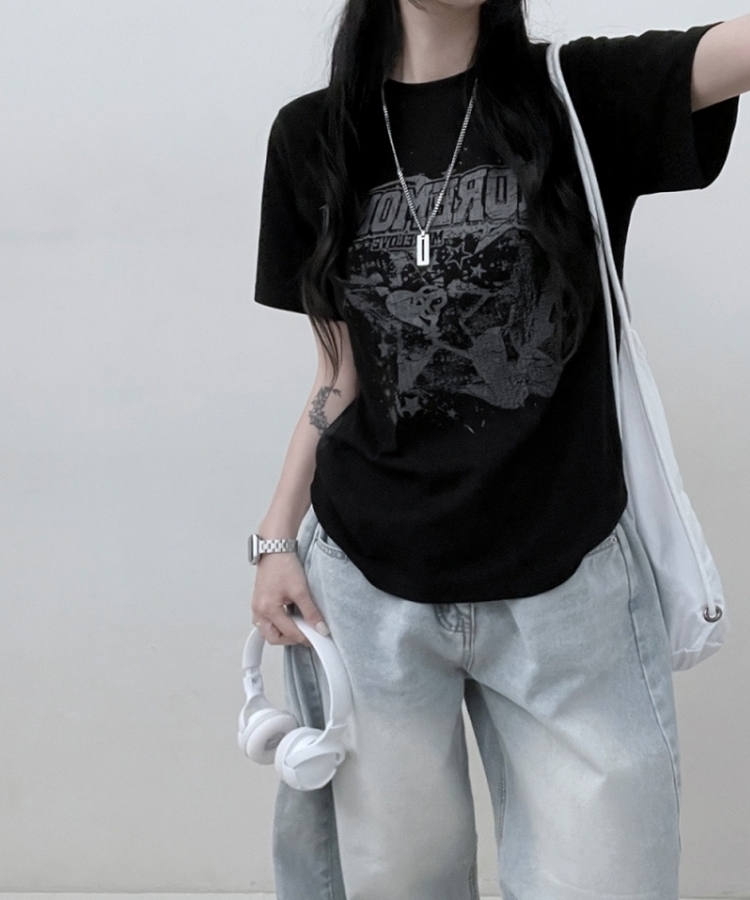 ビンテージセミクロップ半袖Tシャツ BLACK