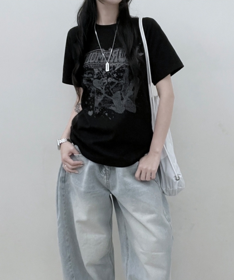 ビンテージセミクロップ半袖Tシャツ BLACK