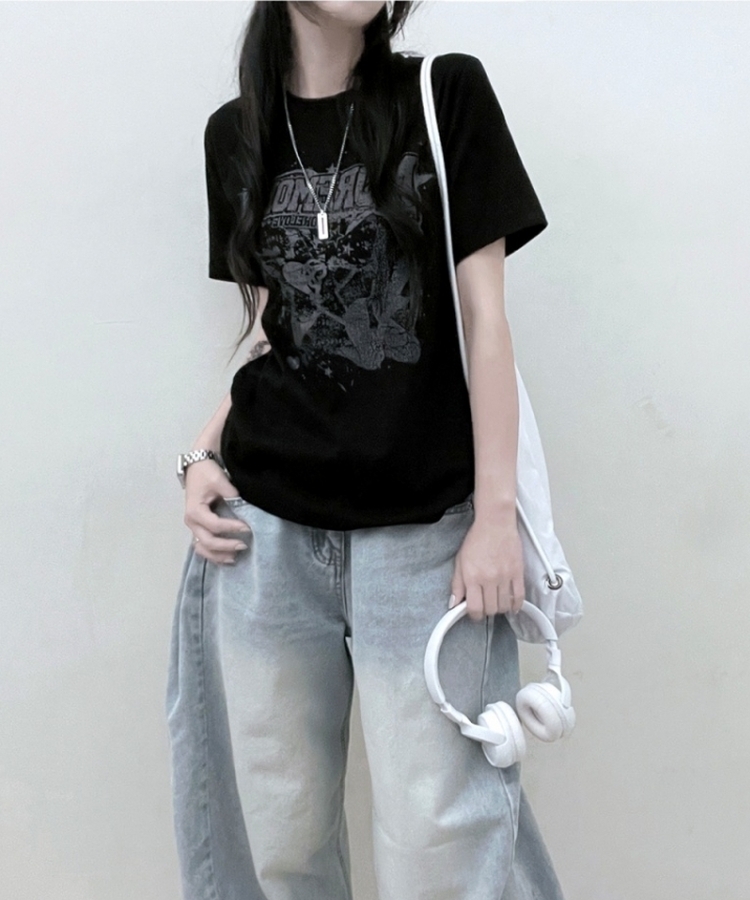 ビンテージセミクロップ半袖Tシャツ BLACK