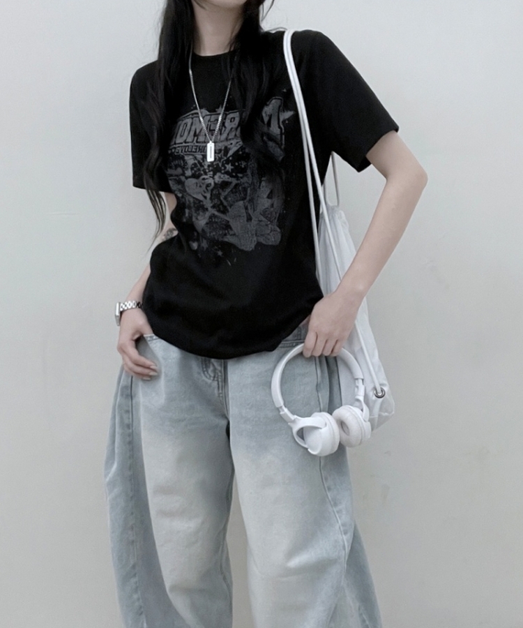 ビンテージセミクロップ半袖Tシャツ BLACK