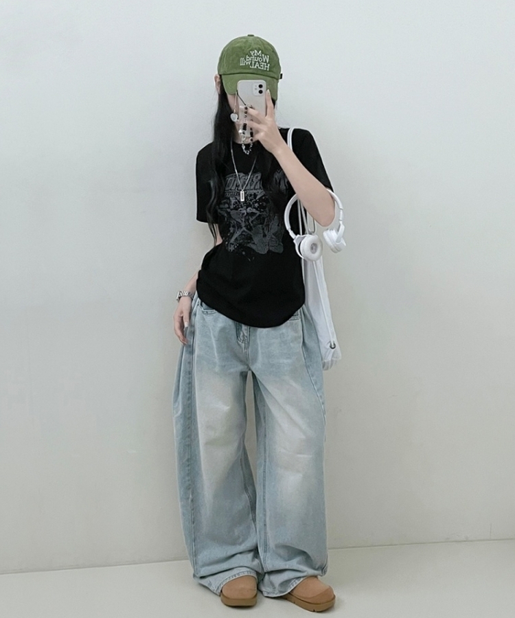 ビンテージセミクロップ半袖Tシャツ BLACK