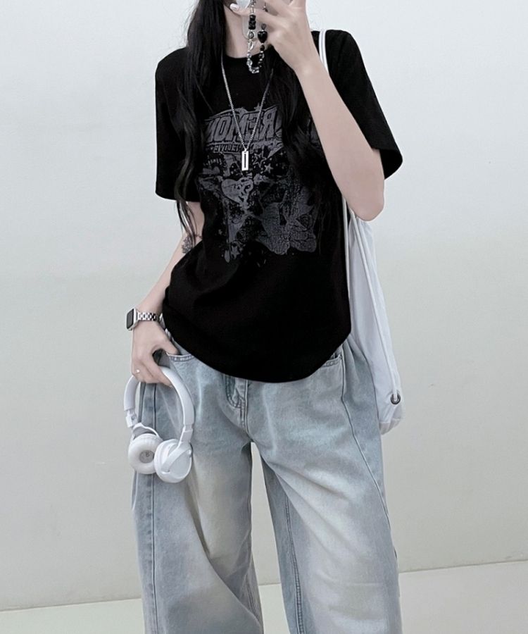 ビンテージセミクロップ半袖Tシャツ BLACK