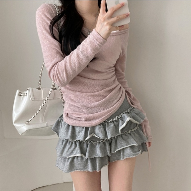 비뉴즈 린넨 오프숄더 옆셔링 리본 입술넥 언발 긴팔 티셔츠 핑크