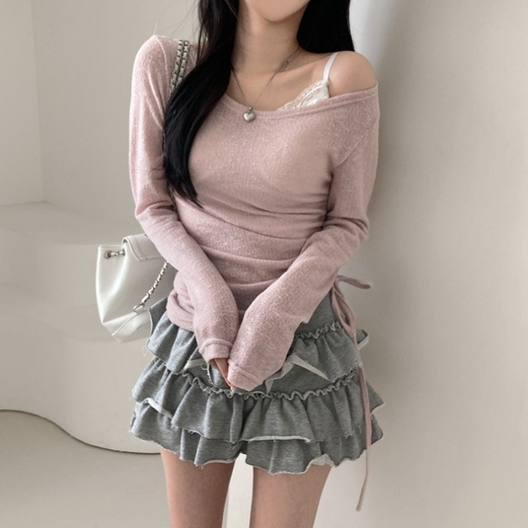 비뉴즈 린넨 오프숄더 옆셔링 리본 입술넥 언발 긴팔 티셔츠 핑크