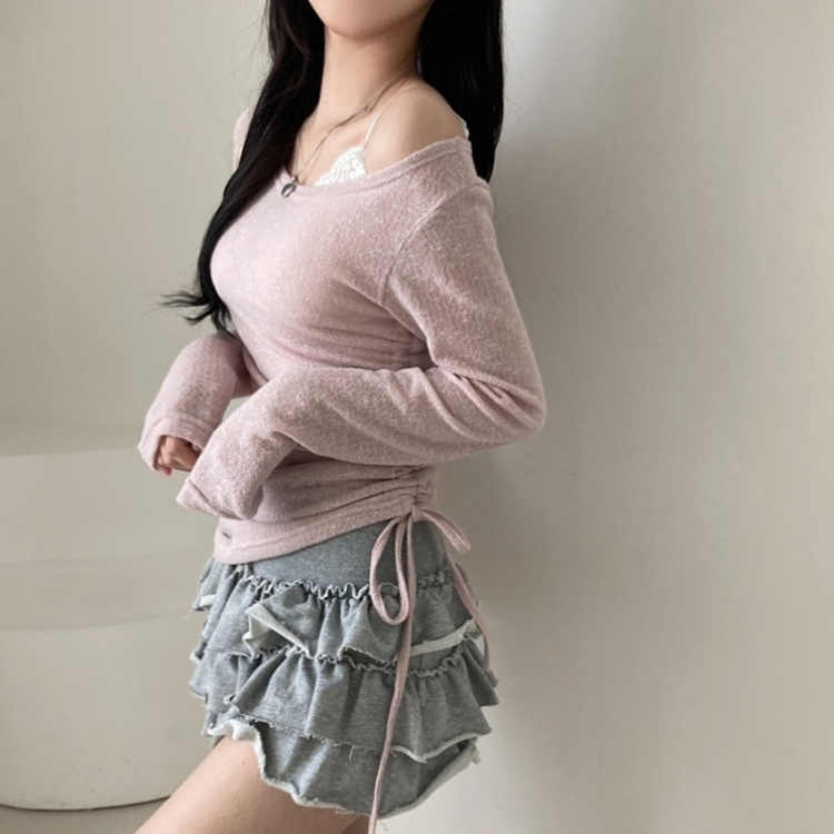 비뉴즈 린넨 오프숄더 옆셔링 리본 입술넥 언발 긴팔 티셔츠 핑크