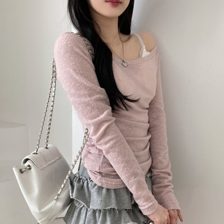 비뉴즈 린넨 오프숄더 옆셔링 리본 입술넥 언발 긴팔 티셔츠 핑크