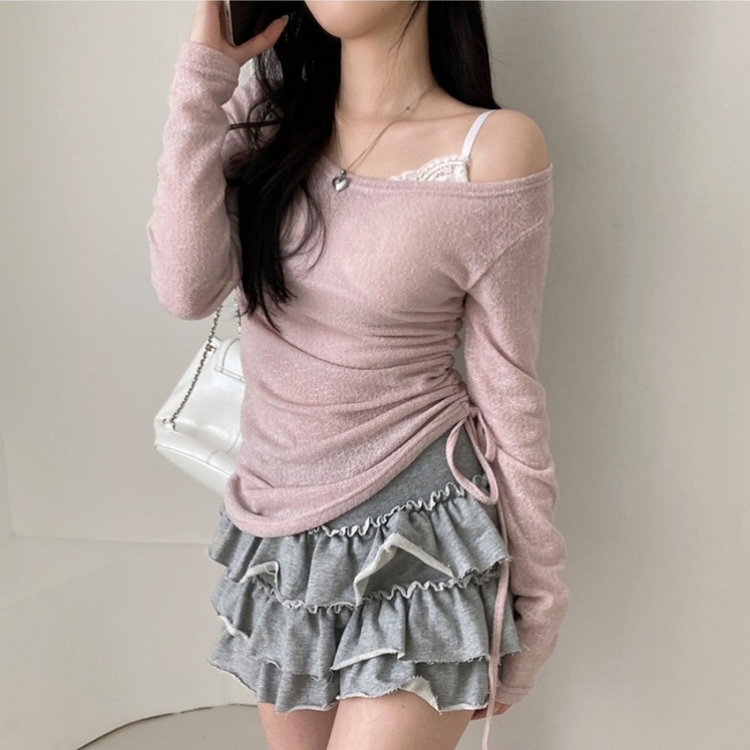 비뉴즈 린넨 오프숄더 옆셔링 리본 입술넥 언발 긴팔 티셔츠 핑크