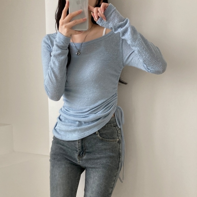 비뉴즈 린넨 오프숄더 옆셔링 리본 입술넥 언발 긴팔 티셔츠 소라