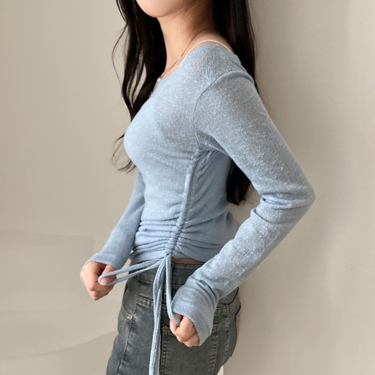 비뉴즈 린넨 오프숄더 옆셔링 리본 입술넥 언발 긴팔 티셔츠 소라