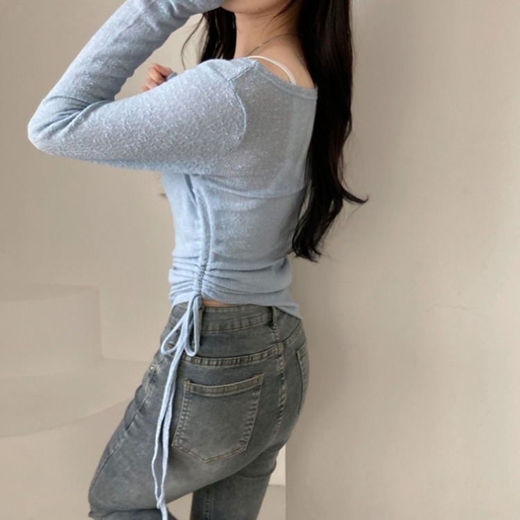 비뉴즈 린넨 오프숄더 옆셔링 리본 입술넥 언발 긴팔 티셔츠 소라