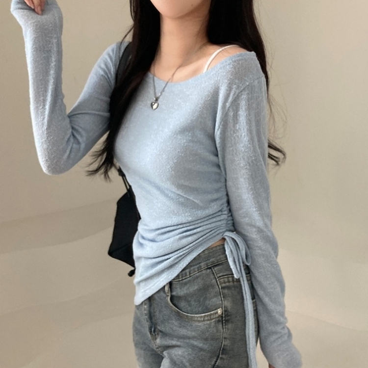 비뉴즈 린넨 오프숄더 옆셔링 리본 입술넥 언발 긴팔 티셔츠 소라