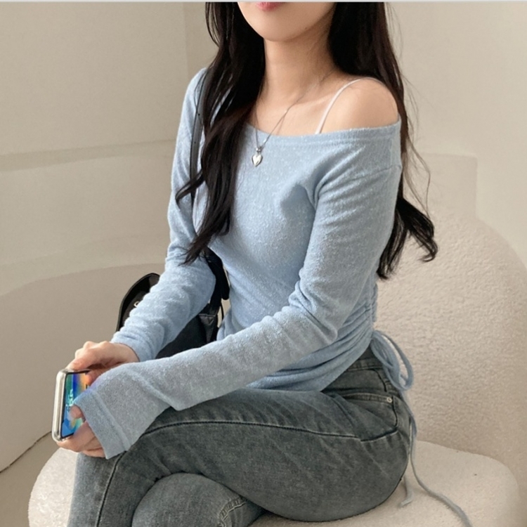 비뉴즈 린넨 오프숄더 옆셔링 리본 입술넥 언발 긴팔 티셔츠 소라