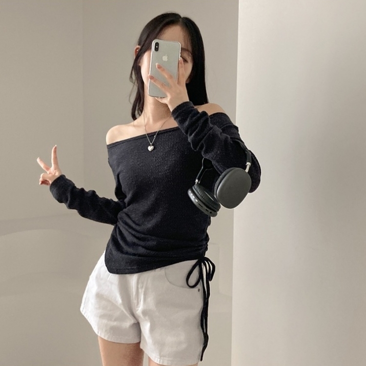 비뉴즈 린넨 오프숄더 옆셔링 리본 입술넥 언발 긴팔 티셔츠 차콜