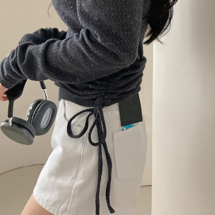 비뉴즈 린넨 오프숄더 옆셔링 리본 입술넥 언발 긴팔 티셔츠 차콜