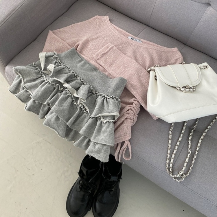 비뉴즈 린넨 오프숄더 옆셔링 리본 입술넥 언발 긴팔 티셔츠