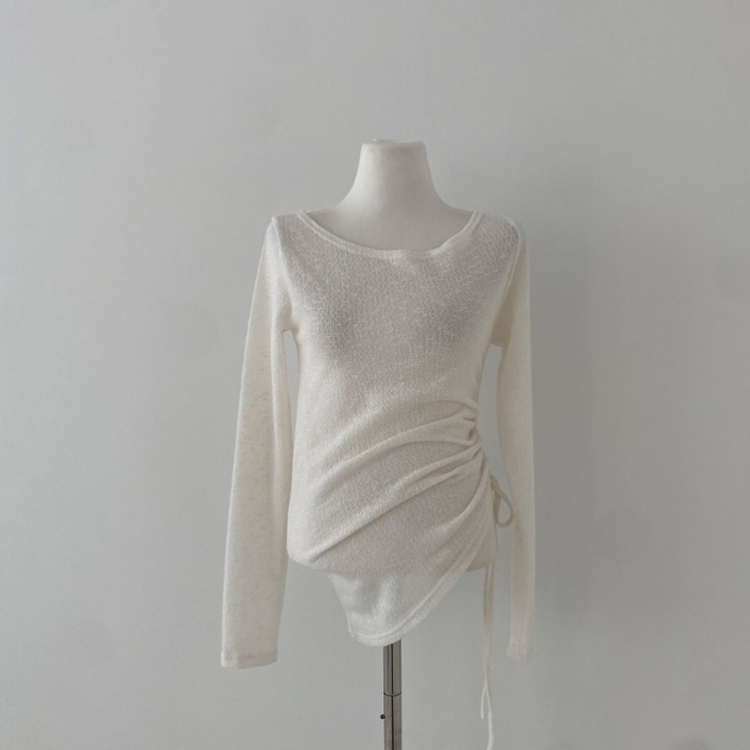 비뉴즈 린넨 오프숄더 옆셔링 리본 입술넥 언발 긴팔 티셔츠