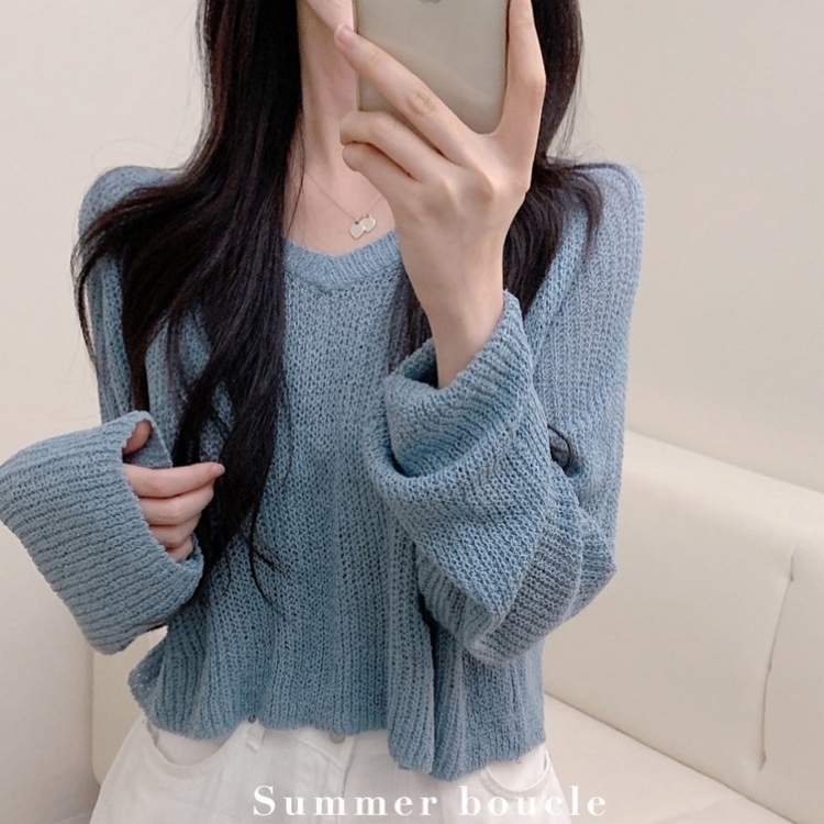 ルーズフィットクロップVネック長袖ニット7色 AQUA