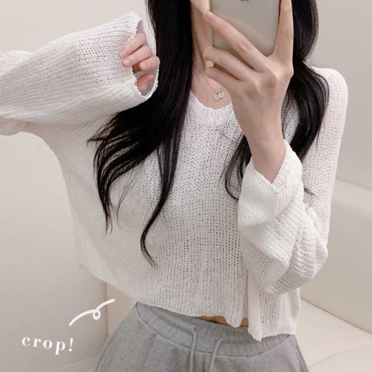 ルーズフィットクロップVネック長袖ニット7色 IVORY