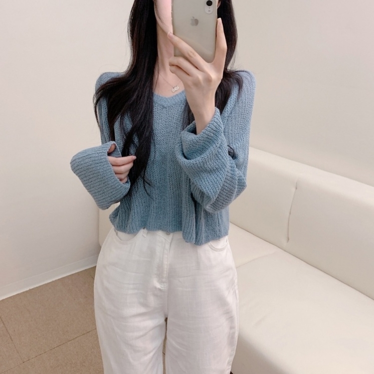 ルーズフィットクロップVネック長袖ニット7色 AQUA