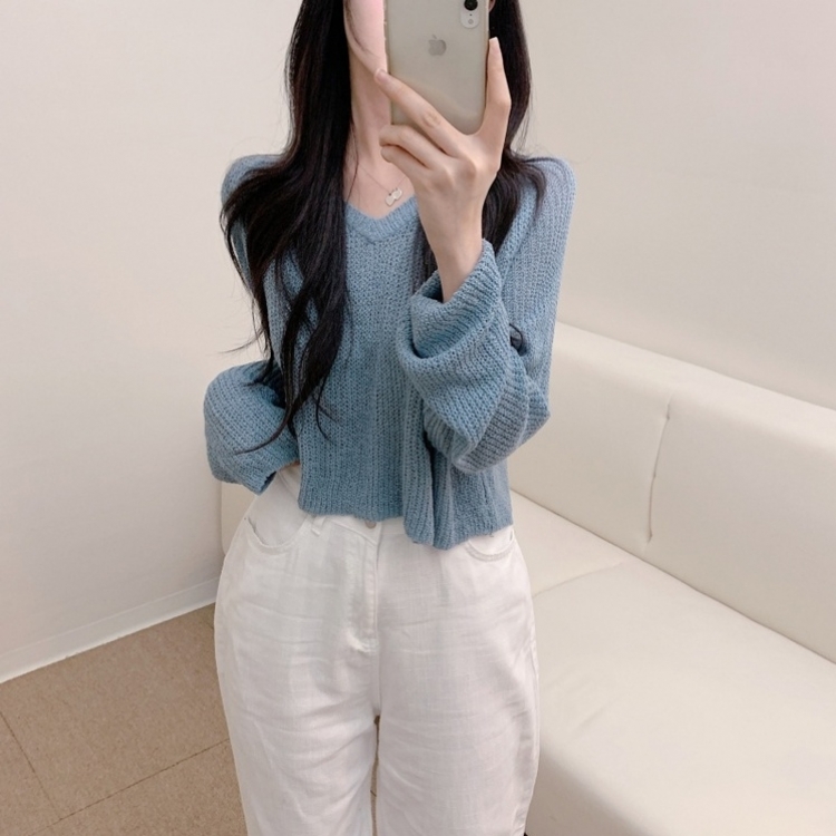 ルーズフィットクロップVネック長袖ニット7色 AQUA