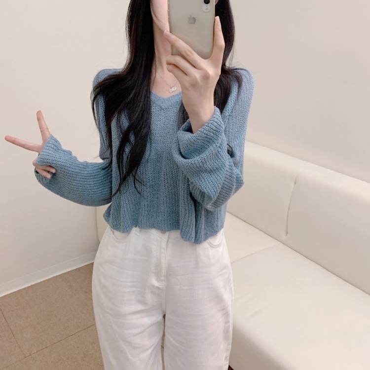 ルーズフィットクロップVネック長袖ニット7色 AQUA