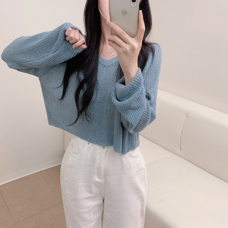 ルーズフィットクロップVネック長袖ニット7色 AQUA