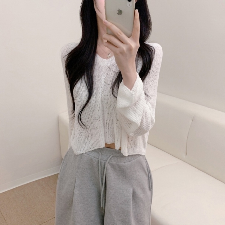 ルーズフィットクロップVネック長袖ニット7色 IVORY