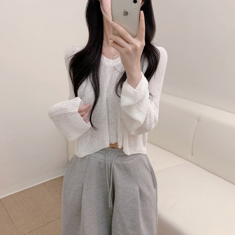 ルーズフィットクロップVネック長袖ニット7色 IVORY