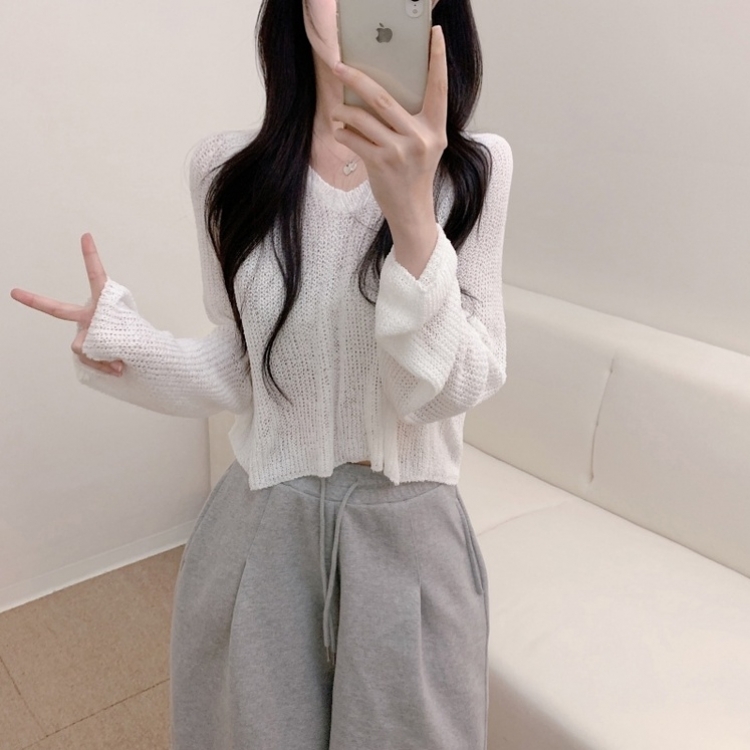 ルーズフィットクロップVネック長袖ニット7色 IVORY