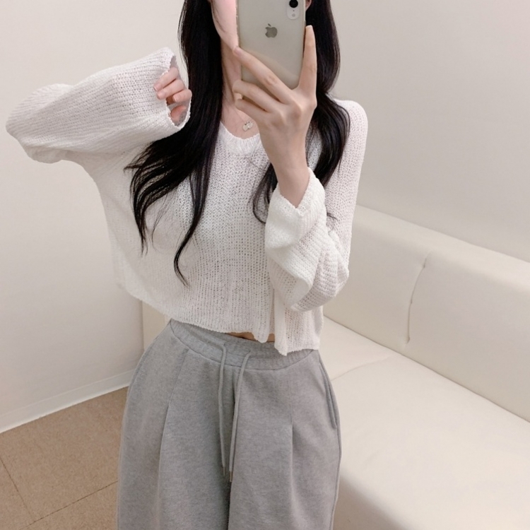 ルーズフィットクロップVネック長袖ニット7色 IVORY