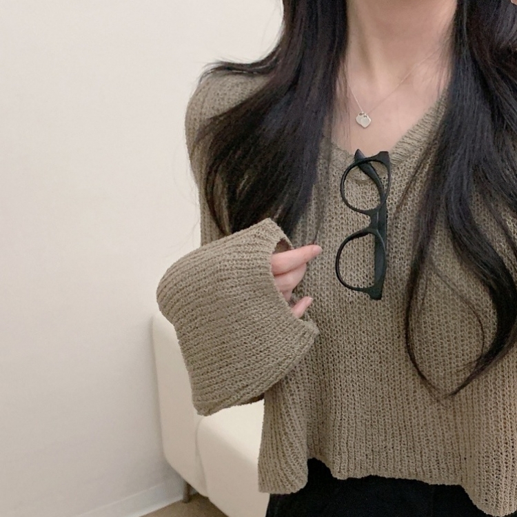 ルーズフィットクロップVネック長袖ニット7色 BROWN