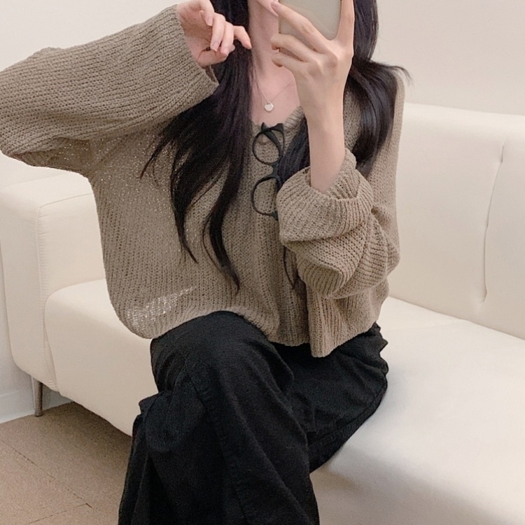 ルーズフィットクロップVネック長袖ニット7色 BROWN