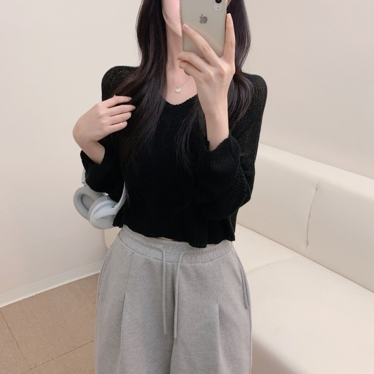 ルーズフィットクロップVネック長袖ニット7色 BLACK