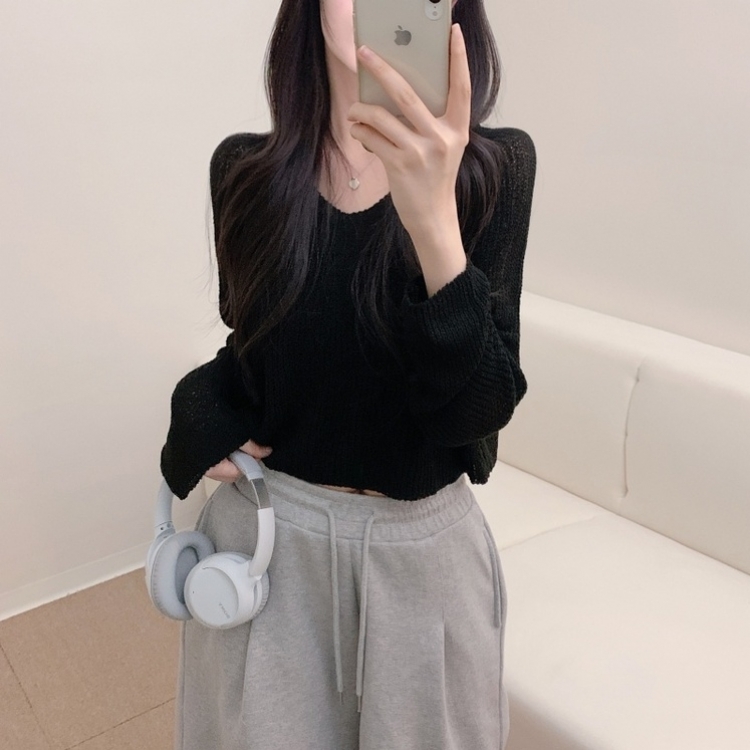 ルーズフィットクロップVネック長袖ニット7色 BLACK