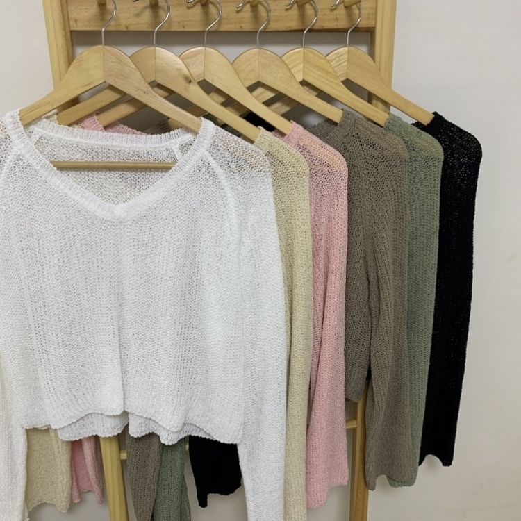 ルーズフィットクロップVネック長袖ニット7色