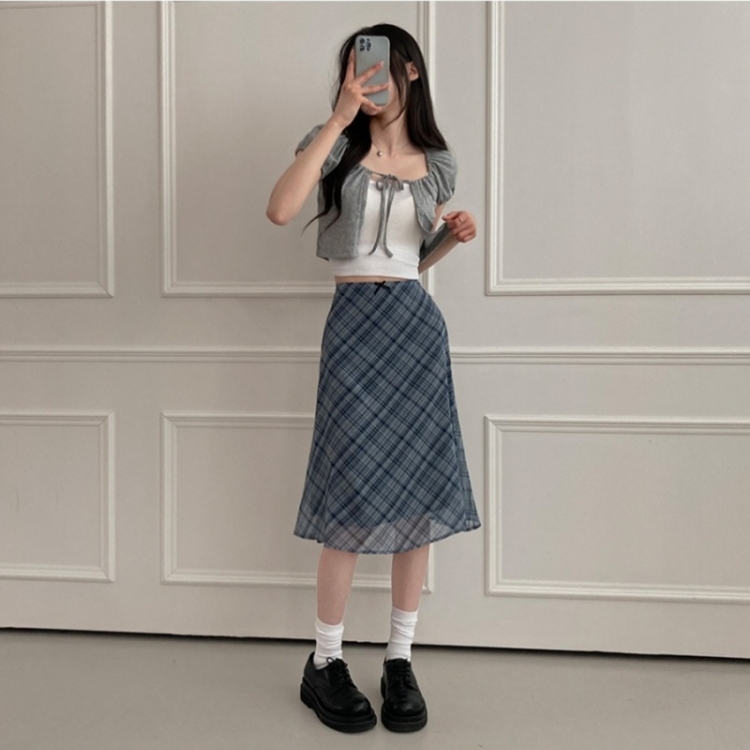 リボンチェックシフォンマーメイドミディスカート SKY BLUE