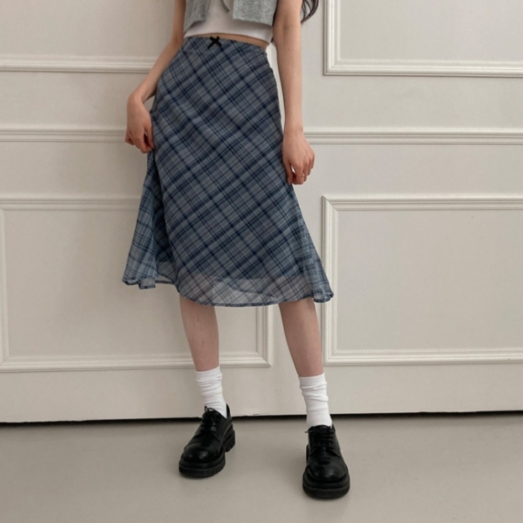 リボンチェックシフォンマーメイドミディスカート SKY BLUE