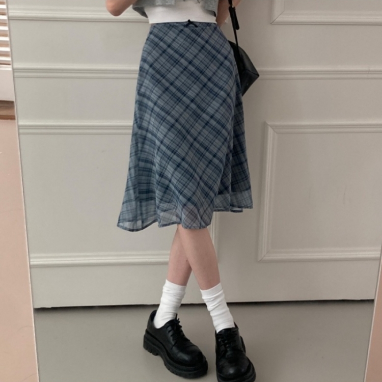 リボンチェックシフォンマーメイドミディスカート SKY BLUE