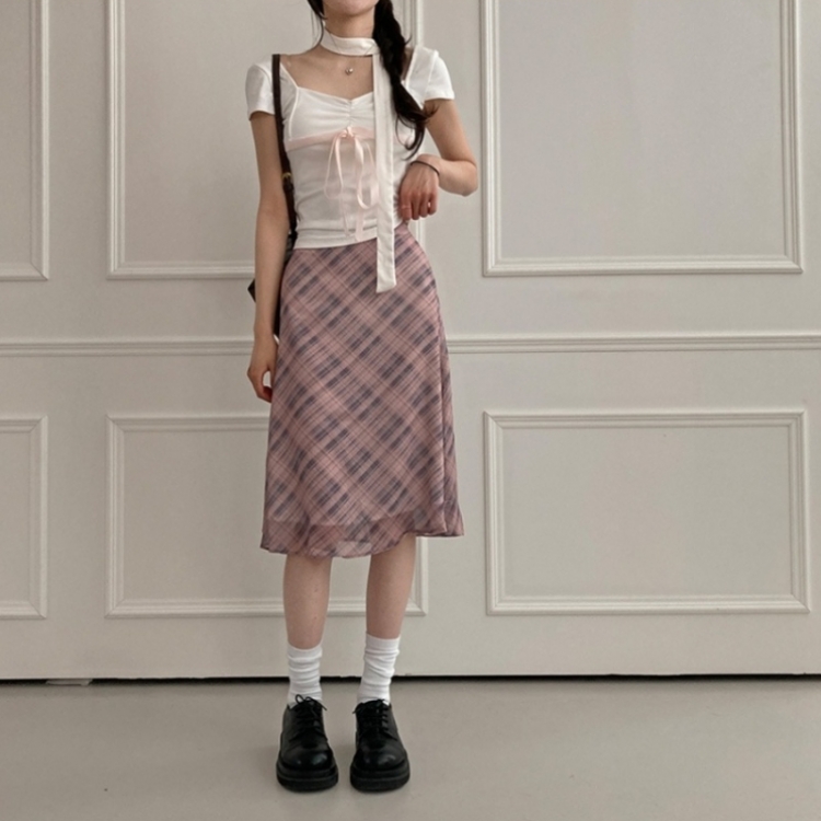 リボンチェックシフォンマーメイドミディスカート INDIE PINK