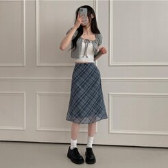 ミディ/ロングスカート リボンチェックシフォンマーメイドミディスカート SKY BLUE