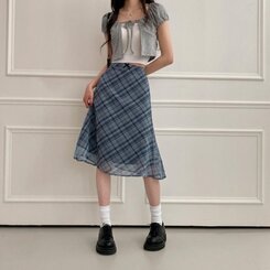 ミディ/ロングスカート リボンチェックシフォンマーメイドミディスカート SKY BLUE