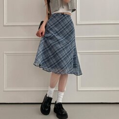 ミディ/ロングスカート リボンチェックシフォンマーメイドミディスカート SKY BLUE