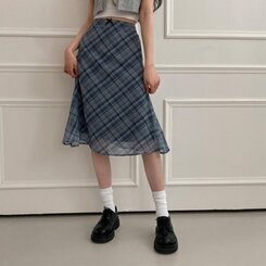 ミディ/ロングスカート リボンチェックシフォンマーメイドミディスカート SKY BLUE