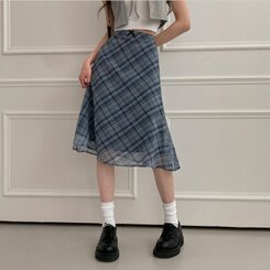 ミディ/ロングスカート リボンチェックシフォンマーメイドミディスカート SKY BLUE