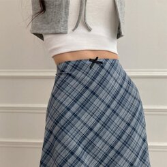 ミディ/ロングスカート リボンチェックシフォンマーメイドミディスカート SKY BLUE