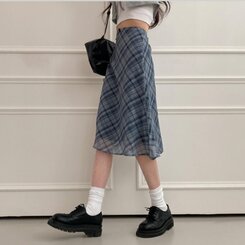 ミディ/ロングスカート リボンチェックシフォンマーメイドミディスカート SKY BLUE