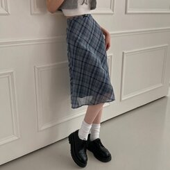ミディ/ロングスカート リボンチェックシフォンマーメイドミディスカート SKY BLUE