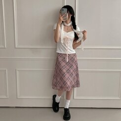 ミディ/ロングスカート リボンチェックシフォンマーメイドミディスカート INDIE PINK